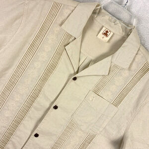 Dandy Del Mar Camp Shirt Men L Beige Brisa Linen Floral Embroidered Guayabera